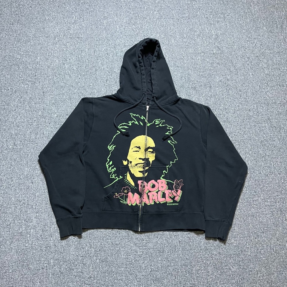 Vintage Zion Rootswear Bob Marley Zip Hoodie Size L Black Y2K 2007 Distressed